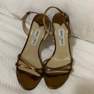Jimmy Choo open toe shiny bronze heels